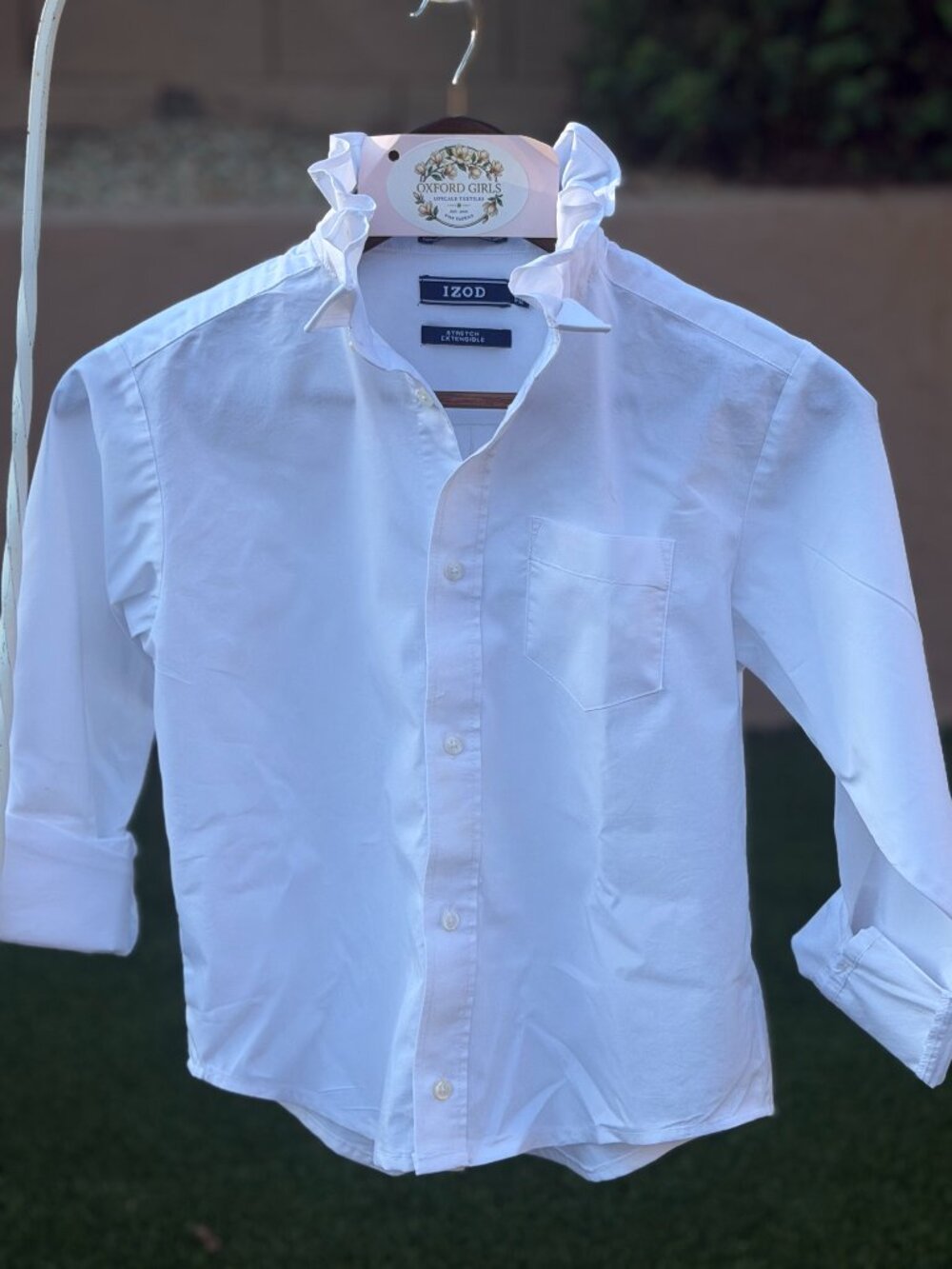 Upcycled IZOD White Oxford Ruffle Neck Blouse, Cottagecore Cotton Shirt (Womens